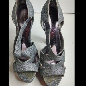 Paris Hilton Heels Silver Sparkling Glitter Size 7M 5 inch heel shoe (SS1)